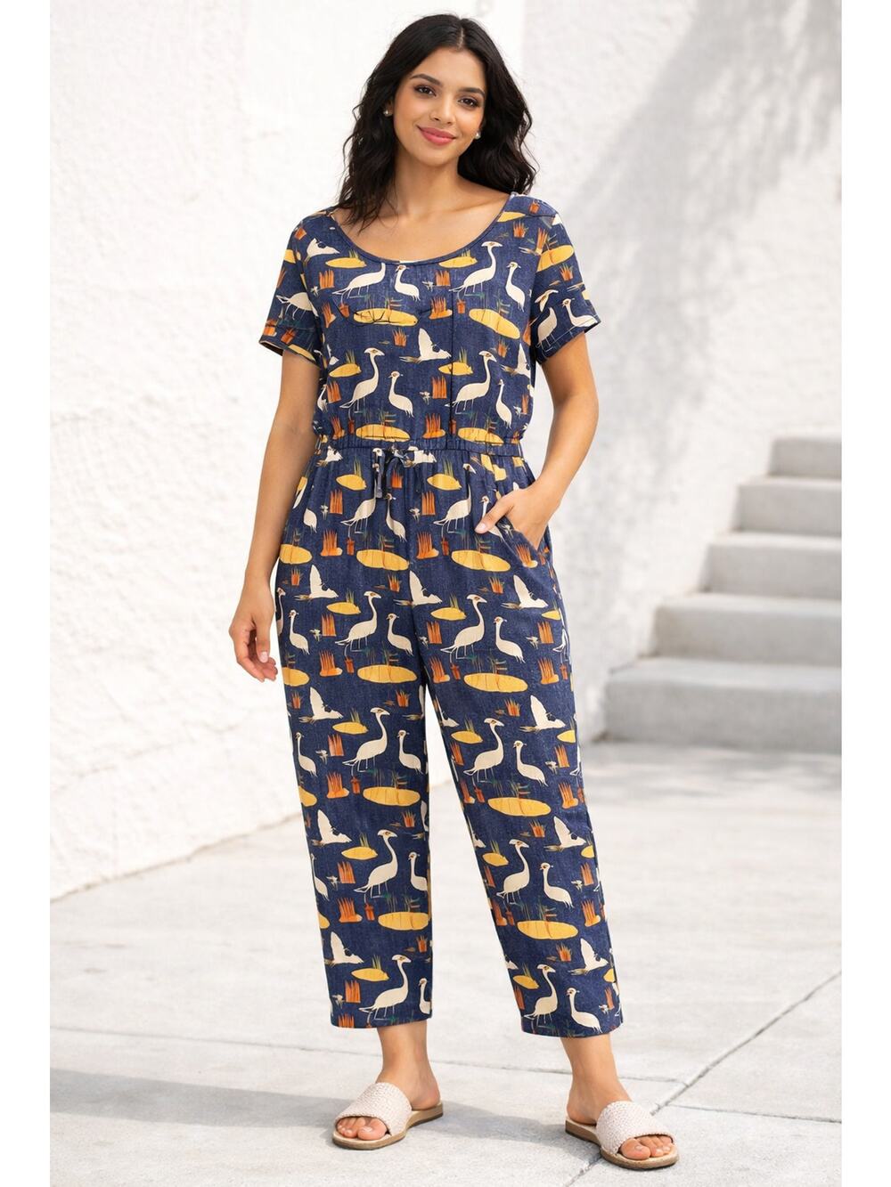 ModCloth Linen Blend Crane Print Jumpsuit Navy Blue Size XL Novelty